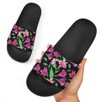Purple Alstroemeria Pattern Print Black Slide Sandals