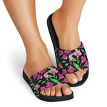 Purple Alstroemeria Pattern Print Black Slide Sandals