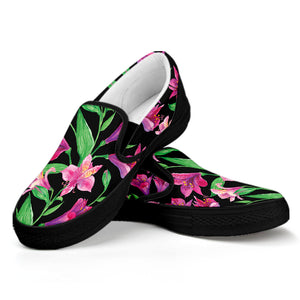 Purple Alstroemeria Pattern Print Black Slip On Shoes