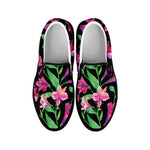 Purple Alstroemeria Pattern Print Black Slip On Shoes