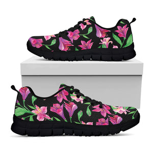 Purple Alstroemeria Pattern Print Black Sneakers