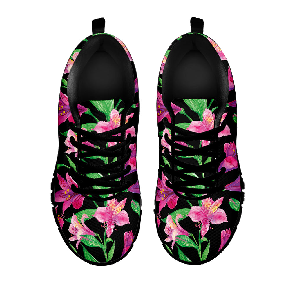 Purple Alstroemeria Pattern Print Black Sneakers