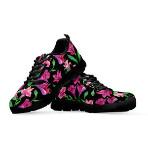 Purple Alstroemeria Pattern Print Black Sneakers