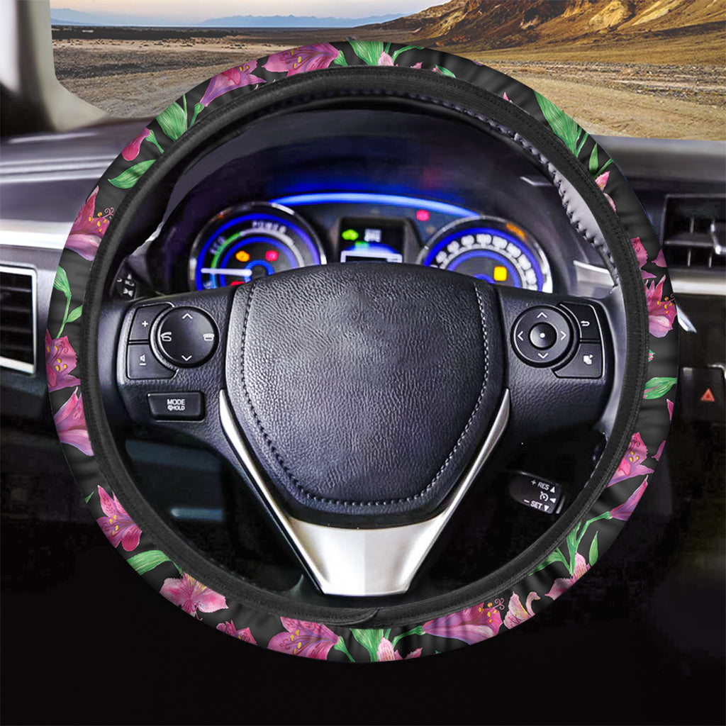 Purple Alstroemeria Pattern Print Car Steering Wheel Cover