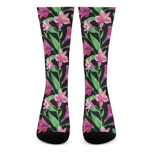 Purple Alstroemeria Pattern Print Crew Socks