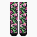 Purple Alstroemeria Pattern Print Crew Socks