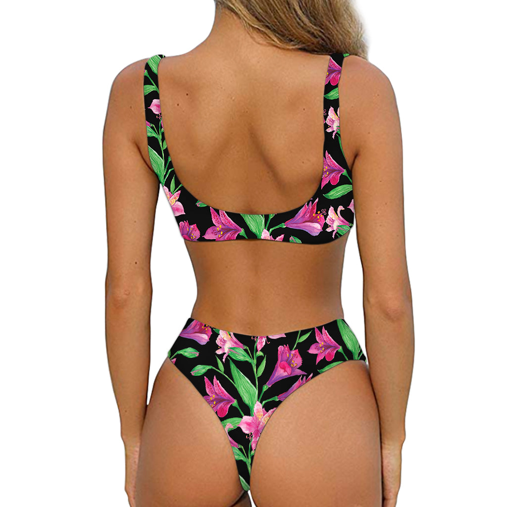 Purple Alstroemeria Pattern Print Front Bow Tie Bikini