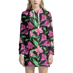 Purple Alstroemeria Pattern Print Hoodie Dress