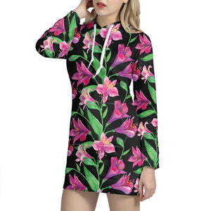 Purple Alstroemeria Pattern Print Hoodie Dress