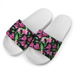 Purple Alstroemeria Pattern Print White Slide Sandals