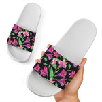 Purple Alstroemeria Pattern Print White Slide Sandals