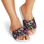 Purple Alstroemeria Pattern Print White Slide Sandals