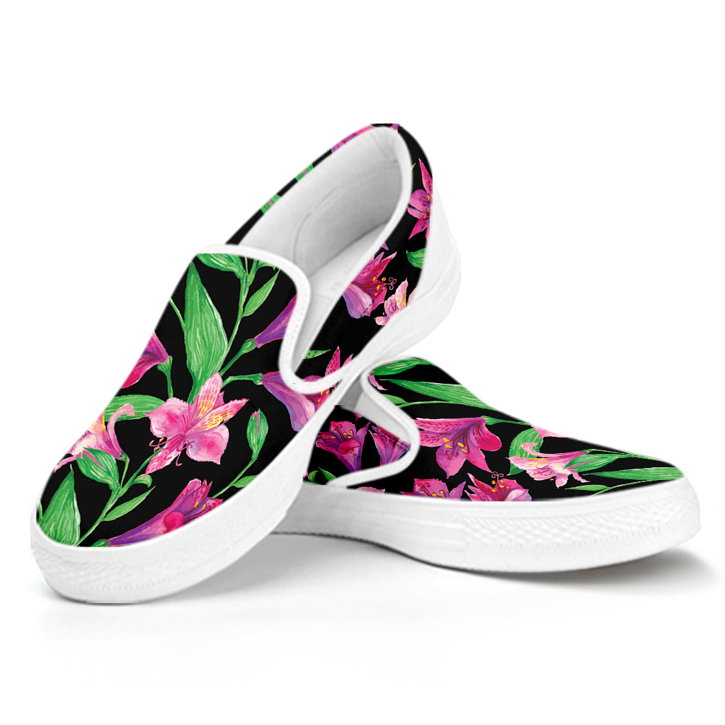 Purple Alstroemeria Pattern Print White Slip On Shoes