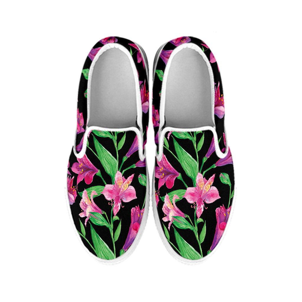 Purple Alstroemeria Pattern Print White Slip On Shoes