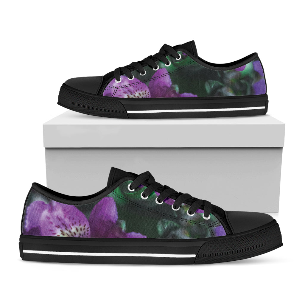 Purple Alstroemeria Print Black Low Top Shoes