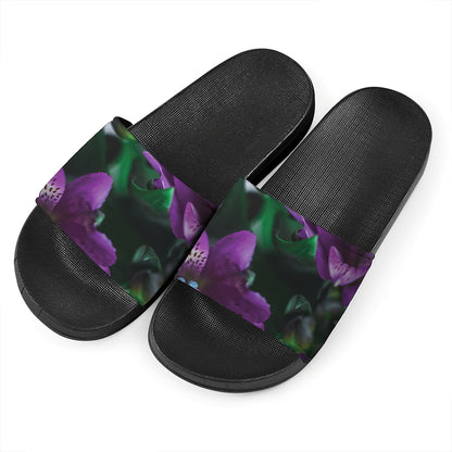 Purple Alstroemeria Print Black Slide Sandals