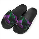 Purple Alstroemeria Print Black Slide Sandals