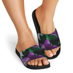 Purple Alstroemeria Print Black Slide Sandals