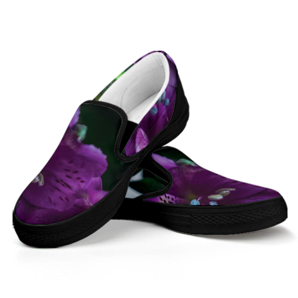 Purple Alstroemeria Print Black Slip On Shoes