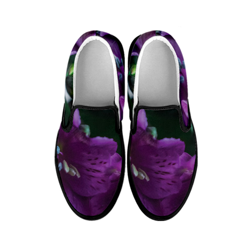 Purple Alstroemeria Print Black Slip On Shoes