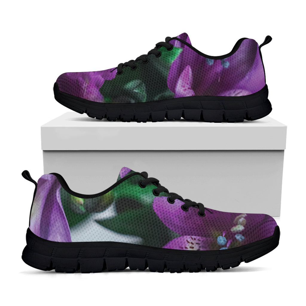 Purple Alstroemeria Print Black Sneakers