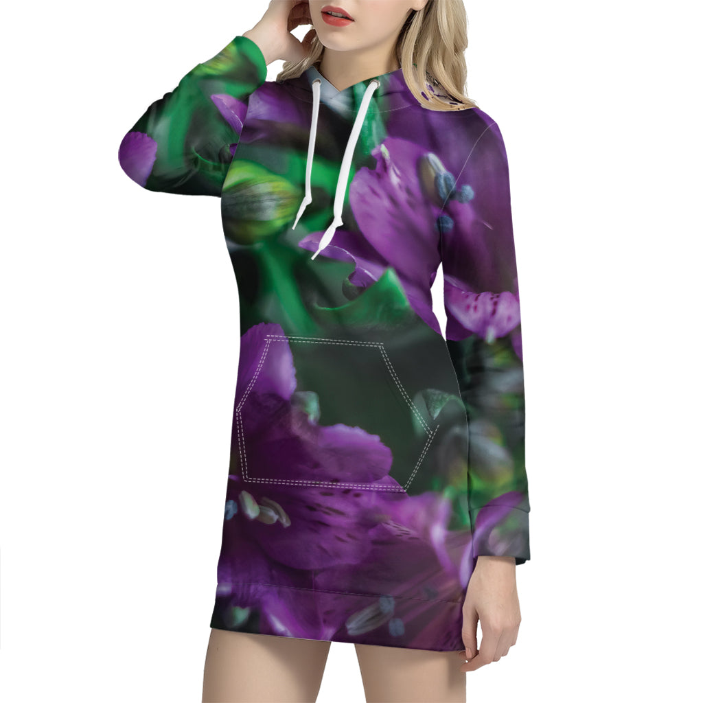 Purple Alstroemeria Print Hoodie Dress