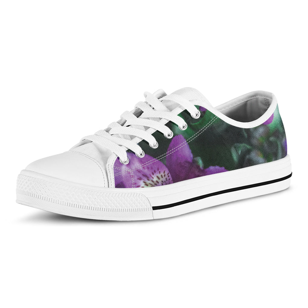 Purple Alstroemeria Print White Low Top Shoes