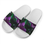Purple Alstroemeria Print White Slide Sandals