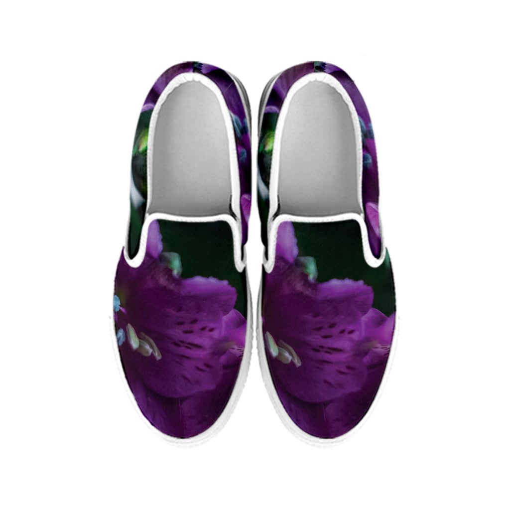 Purple Alstroemeria Print White Slip On Shoes