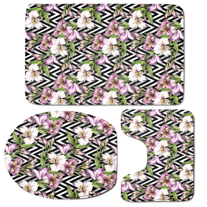 Purple Alstroemeria Zigzag Pattern Print 3 Piece Bath Mat Set