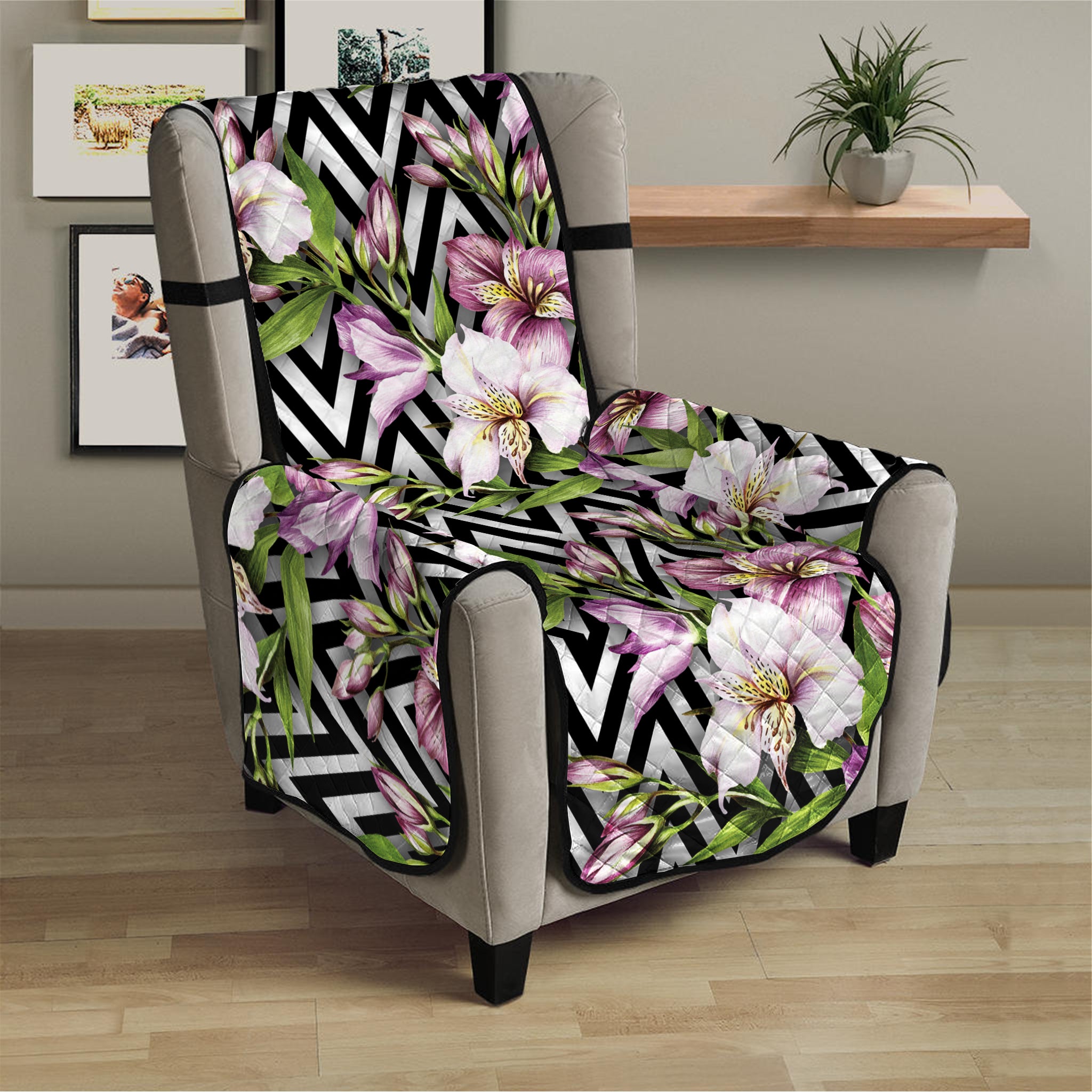 Purple Alstroemeria Zigzag Pattern Print Armchair Protector