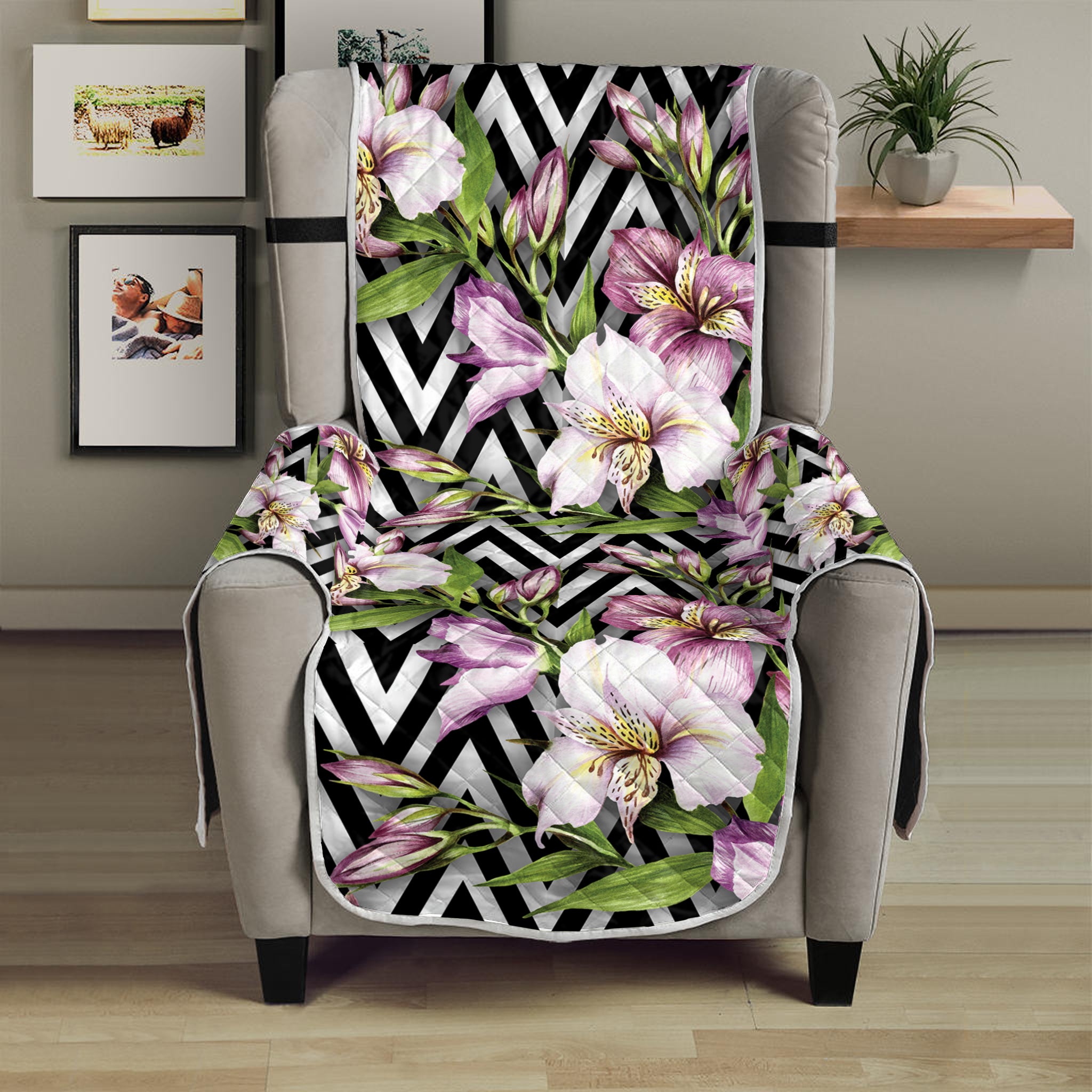 Purple Alstroemeria Zigzag Pattern Print Armchair Protector