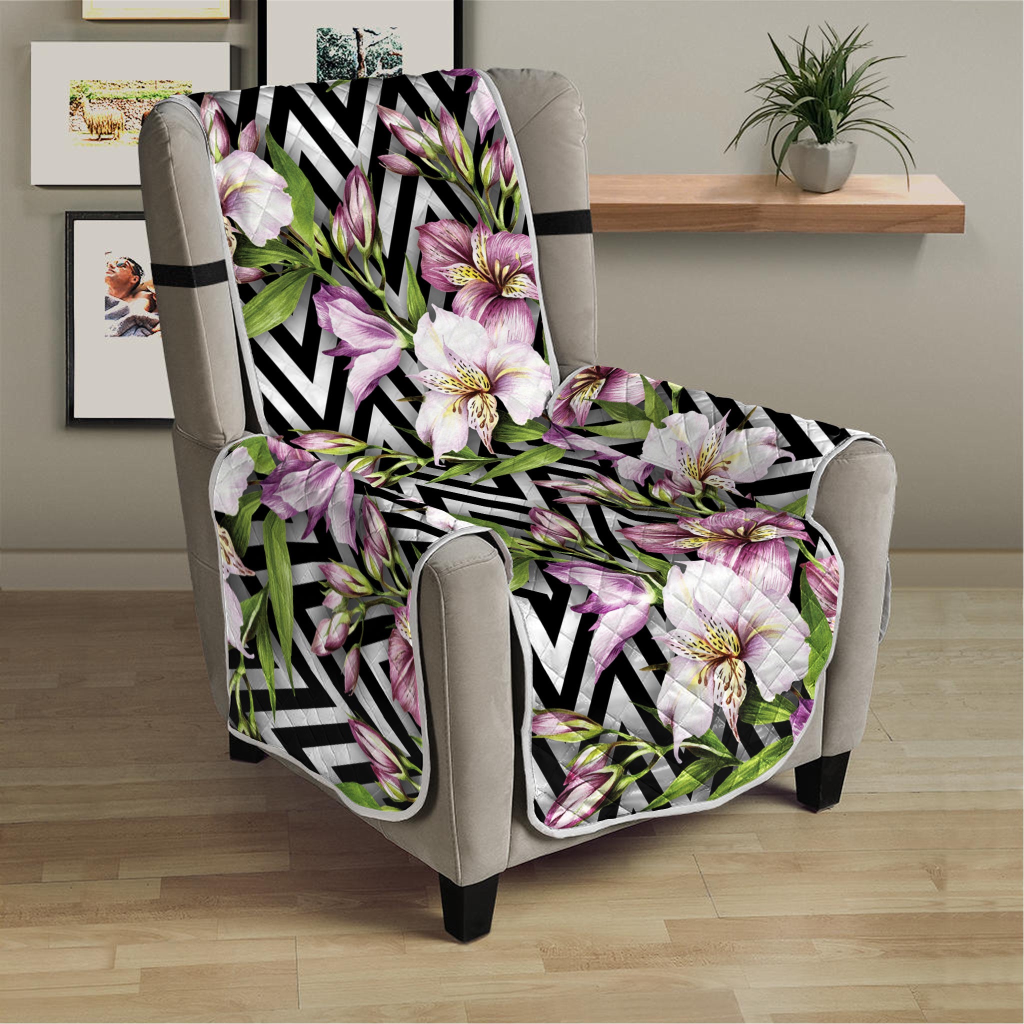 Purple Alstroemeria Zigzag Pattern Print Armchair Protector