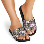 Purple Alstroemeria Zigzag Pattern Print Black Slide Sandals