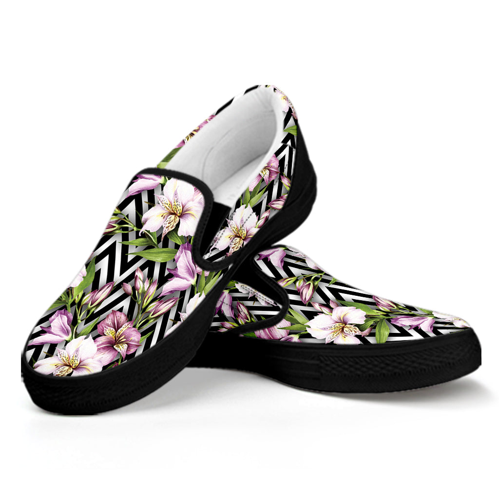 Purple Alstroemeria Zigzag Pattern Print Black Slip On Shoes