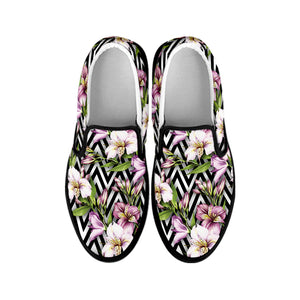 Purple Alstroemeria Zigzag Pattern Print Black Slip On Shoes