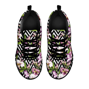 Purple Alstroemeria Zigzag Pattern Print Black Sneakers