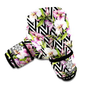 Purple Alstroemeria Zigzag Pattern Print Boxing Gloves