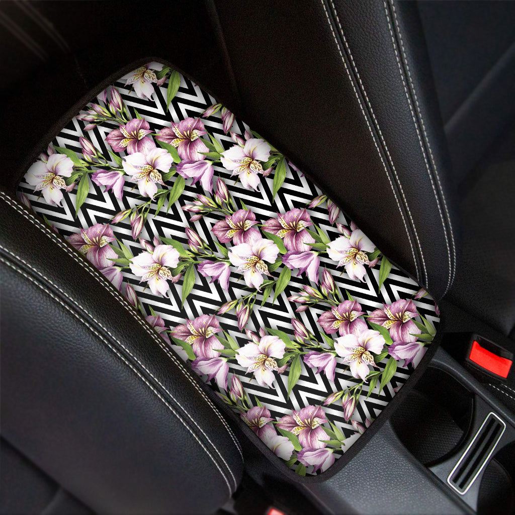 Purple Alstroemeria Zigzag Pattern Print Car Center Console Cover