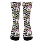 Purple Alstroemeria Zigzag Pattern Print Crew Socks