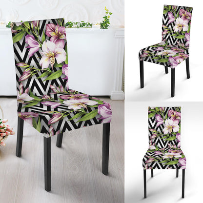 Purple Alstroemeria Zigzag Pattern Print Dining Chair Slipcover