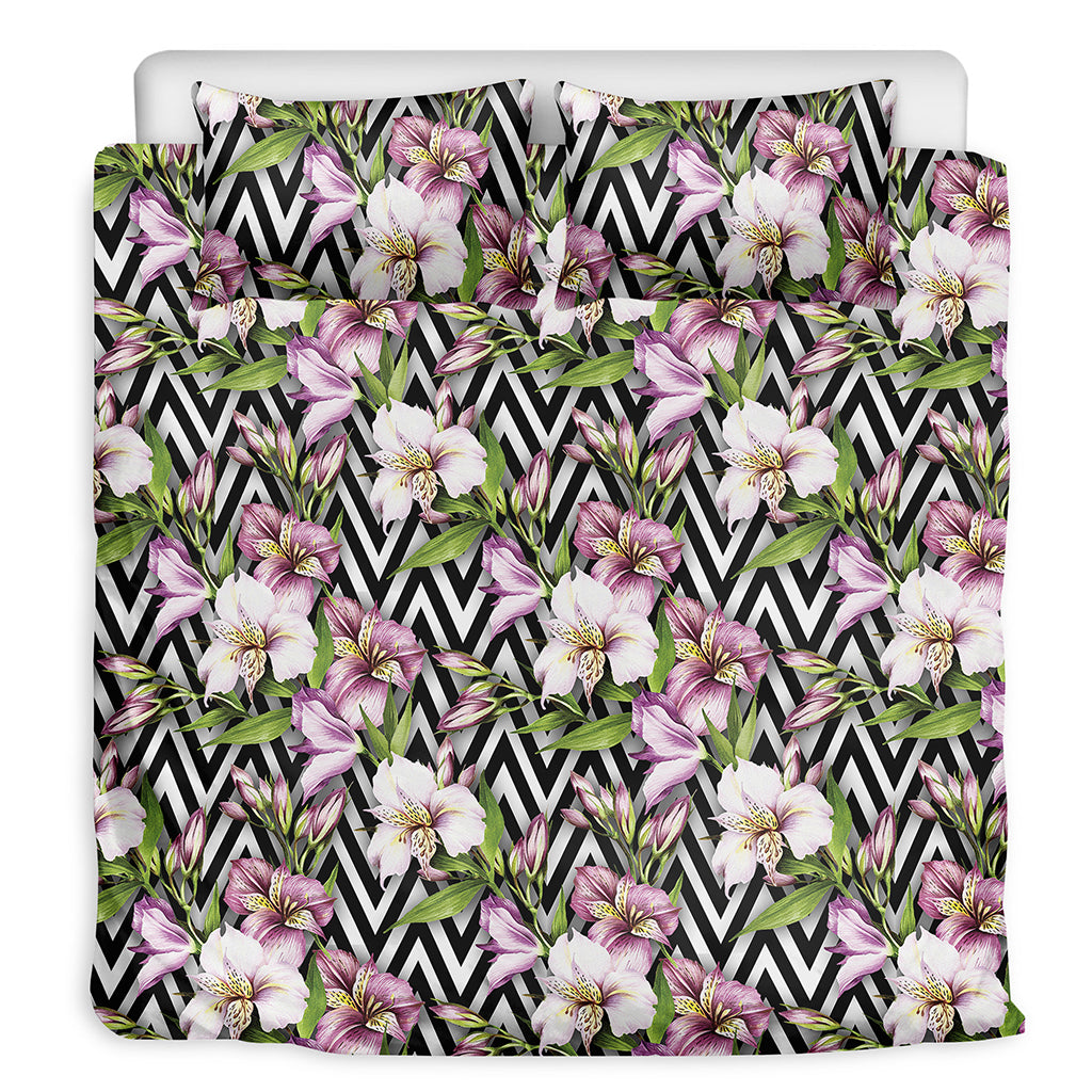 Purple Alstroemeria Zigzag Pattern Print Duvet Cover Bedding Set