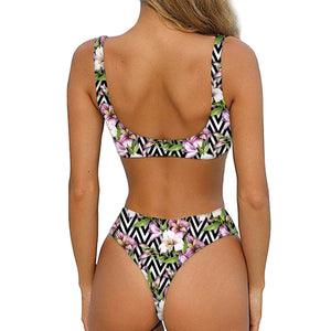 Purple Alstroemeria Zigzag Pattern Print Front Bow Tie Bikini