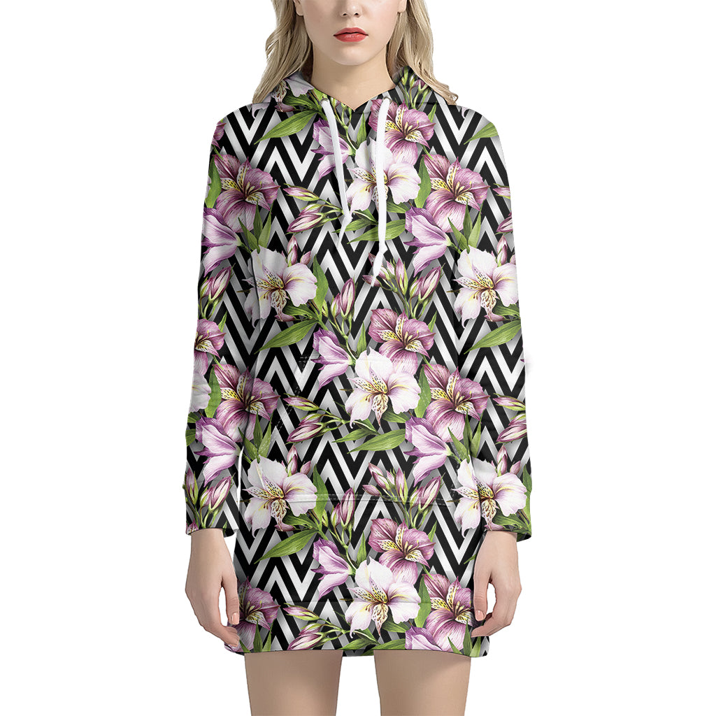 Purple Alstroemeria Zigzag Pattern Print Hoodie Dress