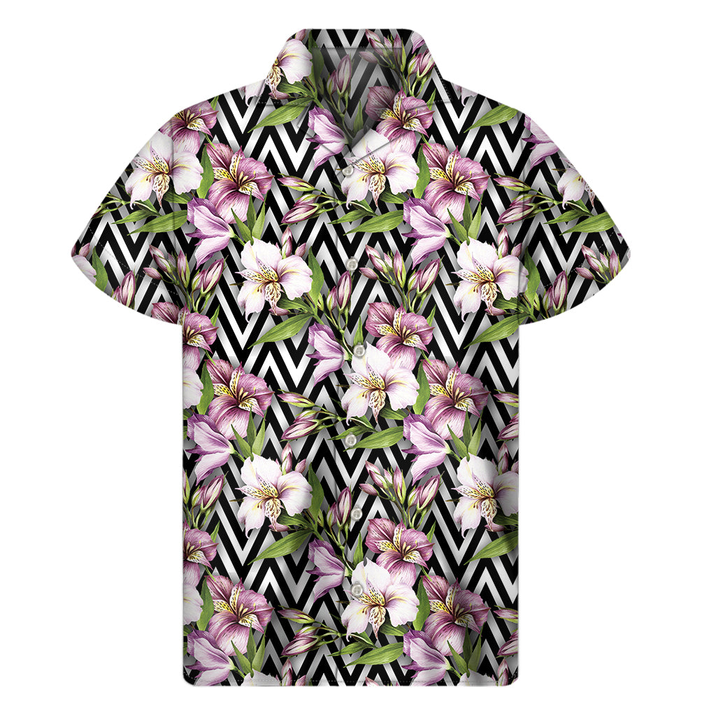 Purple Alstroemeria Zigzag Pattern Print Men's Short Sleeve Shirt