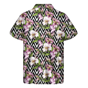 Purple Alstroemeria Zigzag Pattern Print Men's Short Sleeve Shirt