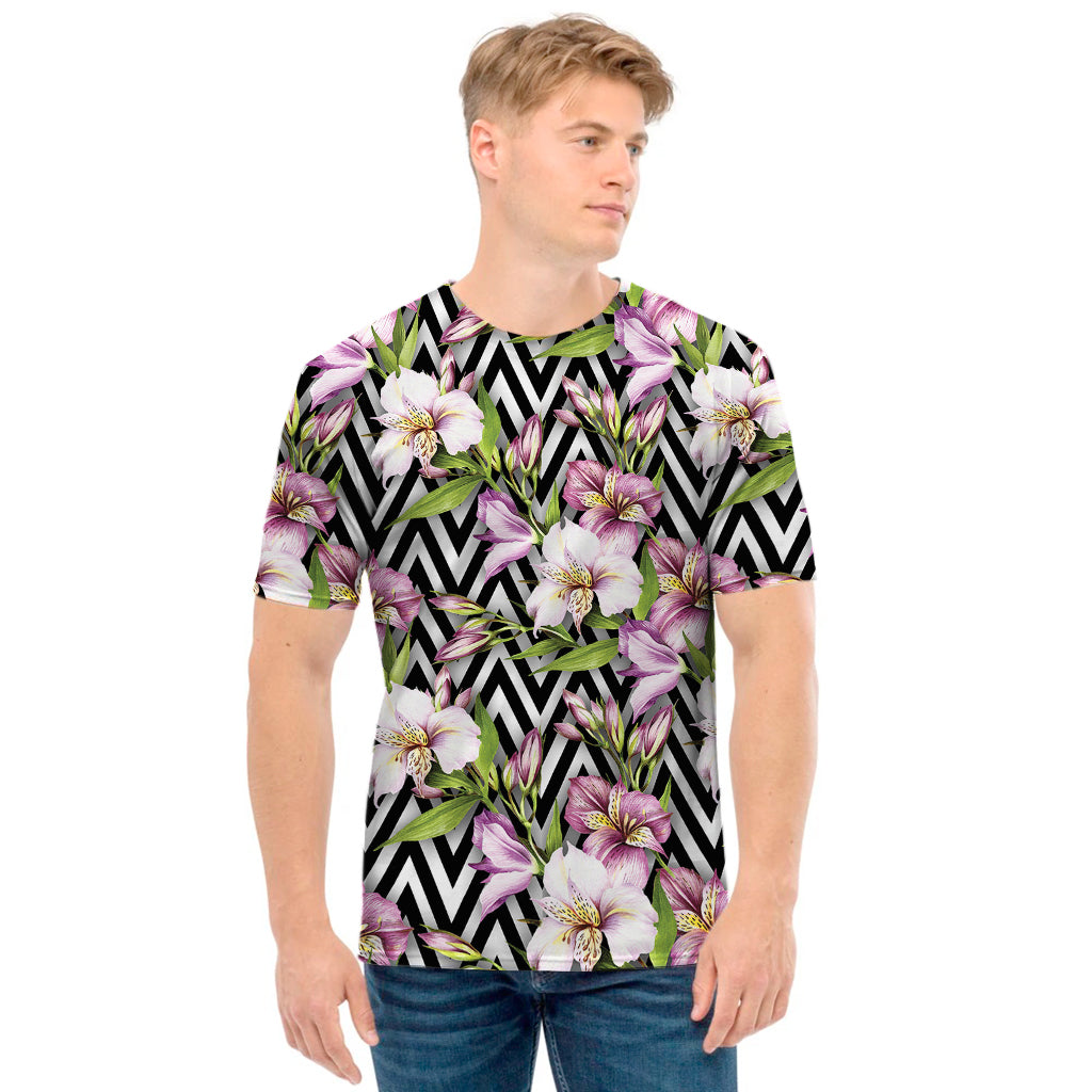 Purple Alstroemeria Zigzag Pattern Print Men's T-Shirt