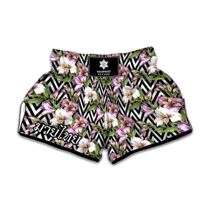 Purple Alstroemeria Zigzag Pattern Print Muay Thai Boxing Shorts