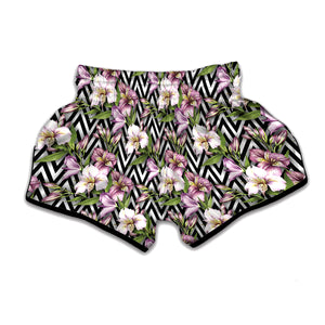 Purple Alstroemeria Zigzag Pattern Print Muay Thai Boxing Shorts