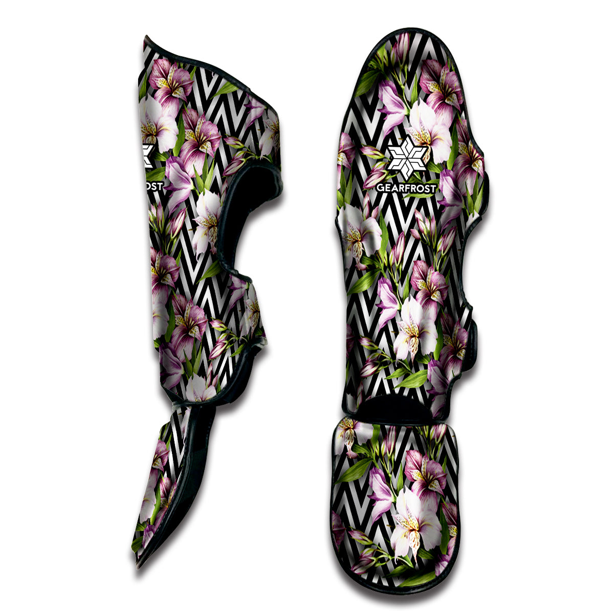 Purple Alstroemeria Zigzag Pattern Print Muay Thai Shin Guard